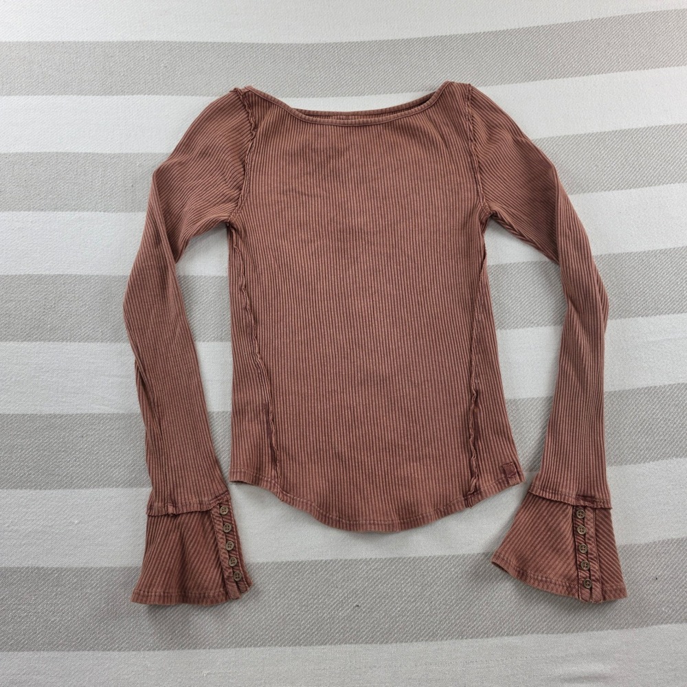 We The Free Ribbed Top Womens L Brown Bell Sleeve Button Cuff OB1984224
